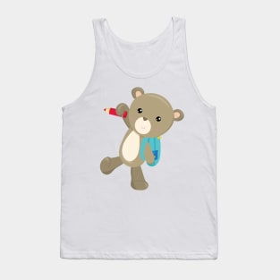 Bear Going To School, Cute Bear, Backpack, Pencil Tank Top